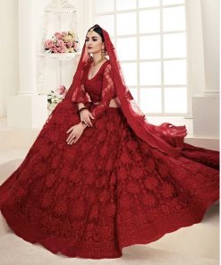 Red embroidered Swarovski work lahnga