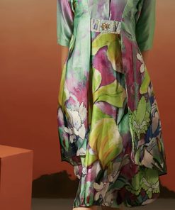 Green printed dress with pearls handwork  on shoulder