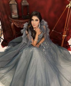 Ice blue net frill  gown with handwork