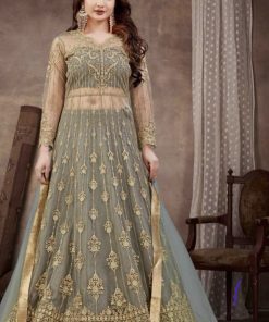 Mehndi green net with beige embroidery dress