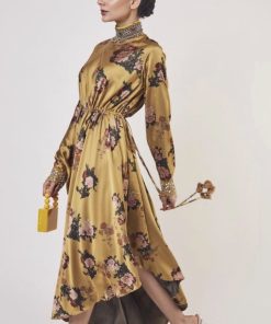 Mustard satin floral print with mirror detailing dress