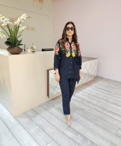 Midnight blue co-ord set with multi coloured pearl and sequence handwork detailing