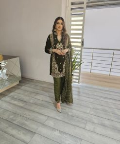 Henna green velvet punjabi with gold crystal work detailing