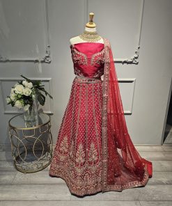 Bridal Red rawsilk unstitched W7  lahnga peach thread flower & pearl work