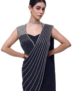 Navy pencil skirt saree with silver mirror and zardozi lines