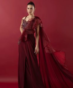 Maroon drape saree gown with butterfly detail work