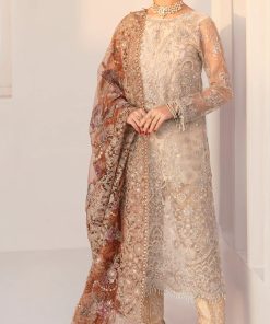 Beige net embroidered punjabi with embroidered brown scarf RB01