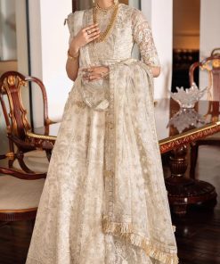 Offwhite net thread and lace embroidered lahnga