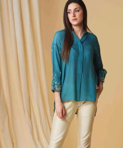 Turquoise linen shirt with gold sequence and cutdana on sleeves