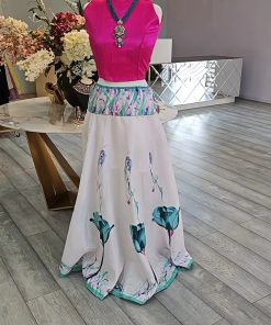 Pink halter neck blosue with printed white floral skirt