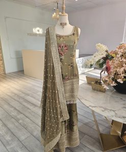 Henna olive green colour tisssue punjabi shararah with pink floral print and gold embroidered