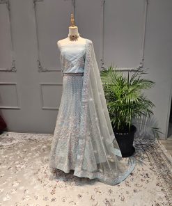 Ice blue unstitched lahnga with pink embroidery flowers