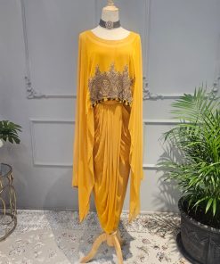 Mustard pleated skirt with butterfly top black mustard fringe zardozi work
